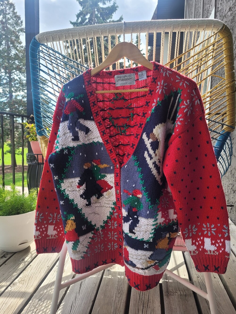 Vintage Chunky Knit Heavy Cardigan Sweater, Women's XL, Red, White & Green